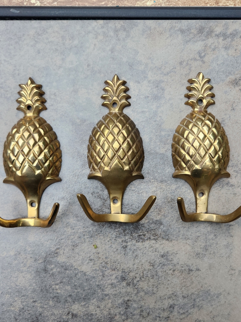SET OF THREE 4.75" Solid Brass Pineapple Wall Coat Hooks w/ Warm Patina